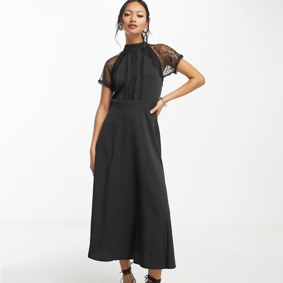ASOS Dresses & Skirts - NWT ASOS Liquorish Black A Line Lace Detail Party Midi Dress Lace Size 4